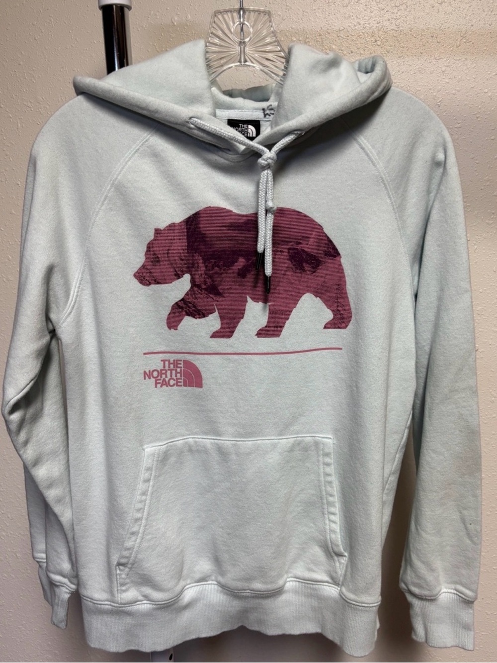 The North Face Mint Pullover Hoodie with Maroon Bear Graphic